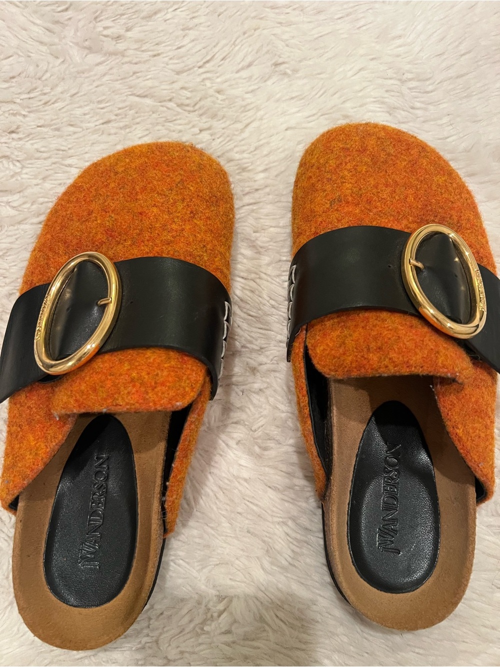 JW ANDERSON Orange Wool Slip-On Mules with Black Strap and Gold Buckle